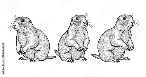 Trio of hand-drawn prairie dogs with detailed fur ringed whiskers black and white illustration