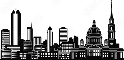 City skyline silhouette with modern skyscrapers and historic government buildings, detailed urban architecture panorama in black and white isolated on white background