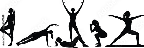 Female fitness and yoga silhouette set showing workout, stretching, balance, and strength training poses, black athletic body shapes isolated on white background