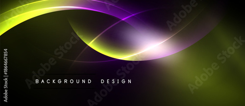 Abstract design features flowing curves, vibrant colors. Yellow, purple, white blend against dark background. Modern, dynamic visual.