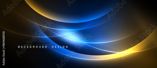 Abstract flowing lines create dynamic, glowing effect. Dark background emphasizes vibrant blue, gold hues. Modern design element.