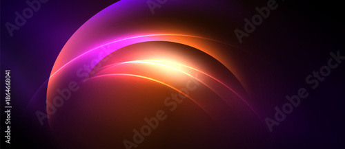 Abstract layers, vibrant colors, orange, purple, yellow glow. Smooth gradients create dynamic visual effect. Modern design.