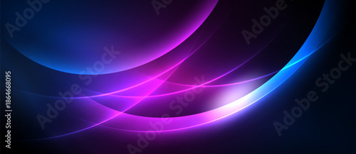 Abstract design features flowing curves, vibrant blues, purples, pinks. Light radiates from central point, creating dynamic visual effect.