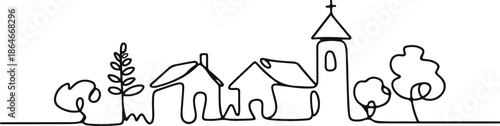 Continuous single line art drawing of a charming village skyline with houses, trees, and a church 