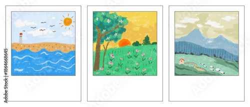 Polaroid of the illustration with crayon art of nature. isolated from background vector art, photo frame, vintage instant film camera.