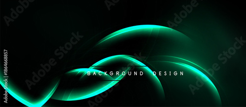 Abstract design features flowing turquoise lines over dark background. Modern, dynamic composition creates elegant visual effect.