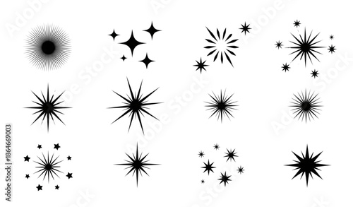 Black star sparkle and shiny glow symbols vector illustration set isolated on white background