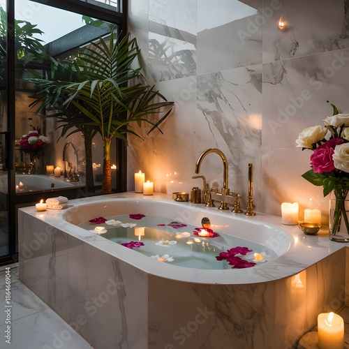 Romantic Bathtub with Floating Flowers and Candles bathroom