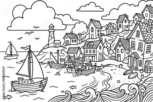 A cartoon seaside village scenery with houses, boats, clouds, and waves. Kids coloring book with simple line art to support creativity, motor skills, and early childhood learning.