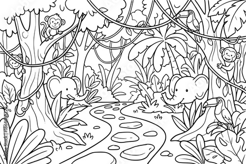 A cartoon jungle scenery with large leaves, trees, vines, and a clear path. Kids coloring book with simple line art to support creativity, motor skills, and early childhood learning.