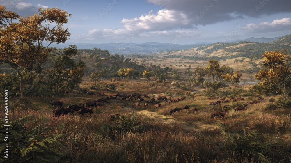 Fototapeta premium scenic african grasslands with a bustling group of wildebeest feeding a wide vista of the savanna showcasing undulating terrain faroff peaks and a clear blue sky rich amber foliage and a herd of dark