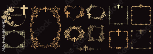 Cross icons set. Obituary notice - art deco frames with cross. Collection of gold Christian Symbol design elements isolated on black background. Church and pray, religion and resurrection. Vector