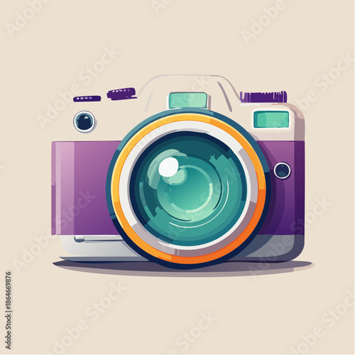 Stylized illustration of a purple and white camera with a large lens, showcasing a modern, cartoonish design.