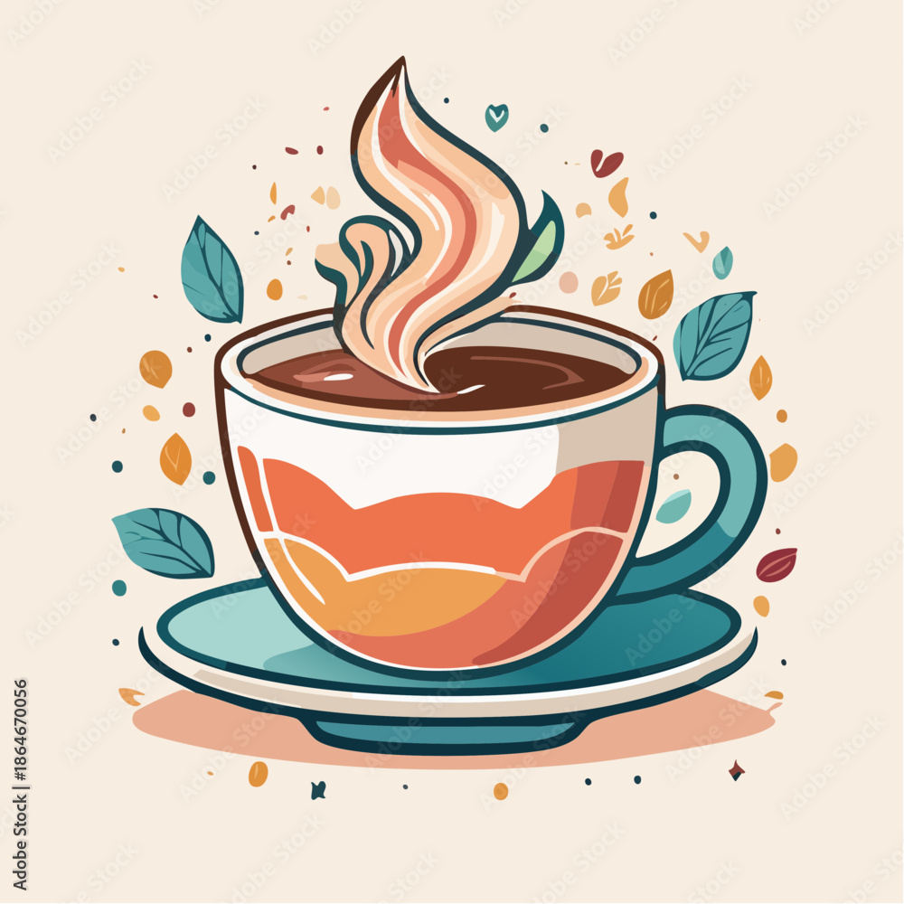 Obraz premium A steaming cup of tea or coffee with decorative leaves and shapes around it.