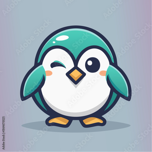 Cartoon penguin winking with one eye, featuring teal and white colors, and a simple, cute design.