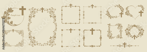  Christian crosses with decorative ornamental frames in vintage or Victorian style. Classic floral swirls, flourishes, plant elements. Set. Monochrome vector illustration