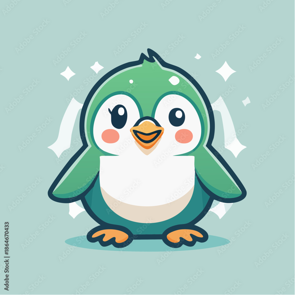Fototapeta premium Cute cartoon penguin with green and white feathers, standing on a light blue background.