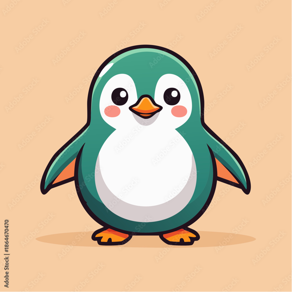 Obraz premium Cartoon illustration of a cute green penguin with a white belly and orange feet.