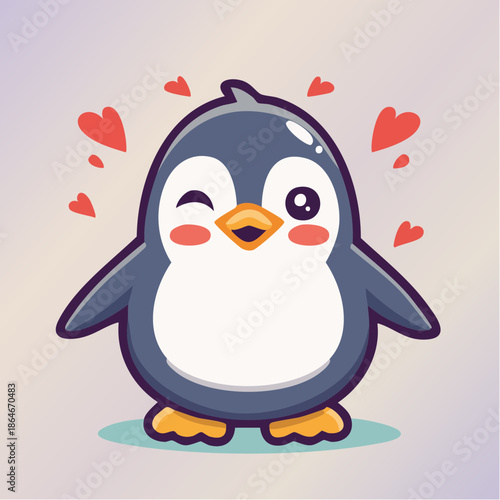 Cartoon penguin winking with hearts floating around it, expressing love and affection.