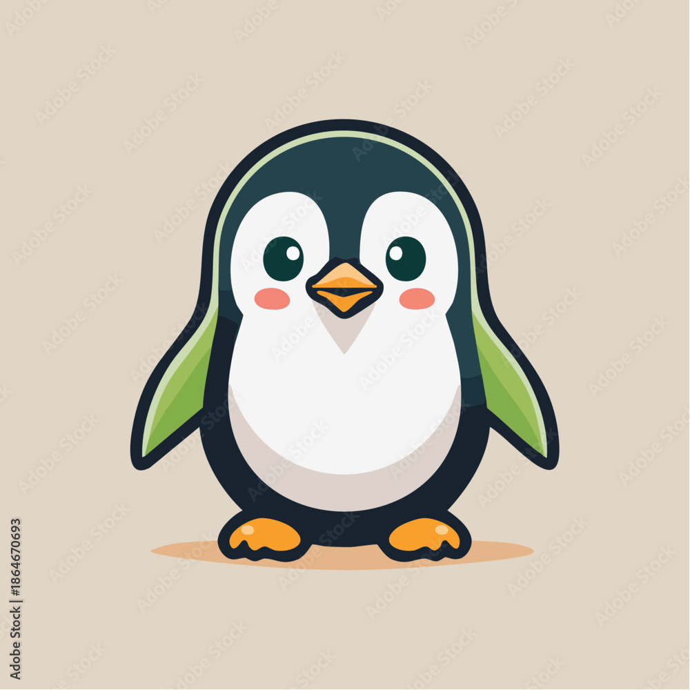 Obraz premium Cartoon penguin with big eyes and rosy cheeks standing on a beige background.