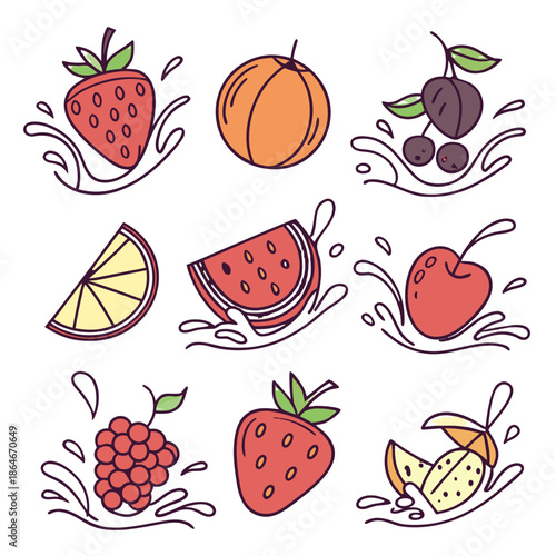 Assorted fruits arranged in a creative splash design showcasing various textures and colors in a lively and playful illustration.