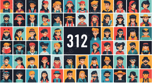 Group of diverse people faces with number 312
