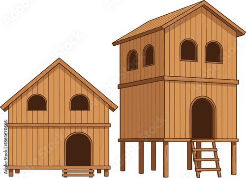 Wooden stilt house vector illustration set with traditional elevated huts architecture design isolated on white background