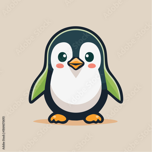 Cartoon penguin with big eyes and rosy cheeks standing on a beige background.
