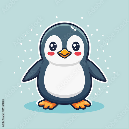 Cute cartoon penguin with big eyes and rosy cheeks standing on a blue surface.
