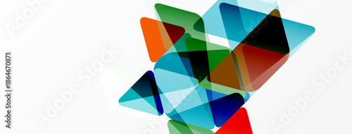 Abstract geometric shapes overlap, creating vibrant color composition. Modern design elements suggest innovation, technology, connectivity.