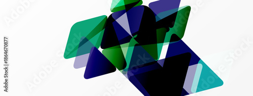 Abstract geometric shapes overlap, creating dynamic composition. Greens, blues dominate neutral background. Modern design element.