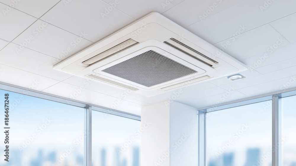 Fototapeta premium Modern air conditioning unit installed in a stylish office environment with large windows.