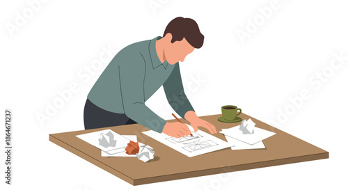Man working on puzzle with coffee and crumpled paper