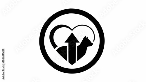 Cat Silhouette Inside Heart with Upward Arrow Icon.