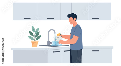 Man washing dishes in kitchen sink