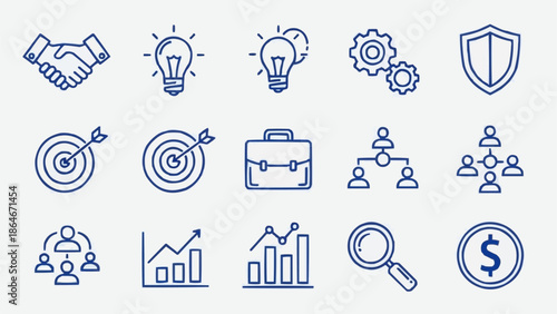 Business Icons Set Partnership Strategy Growth Finance Magnifier.