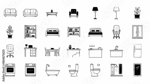 Collection of Hand Drawn Furniture and Home Objects Icons.