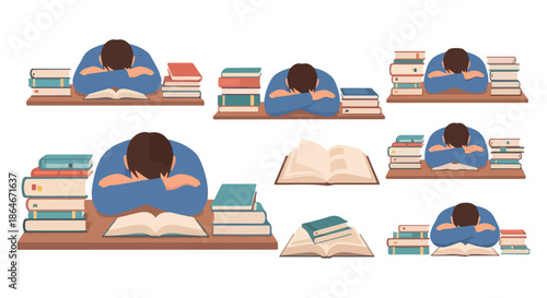 Sleeping student on books with crossed arms