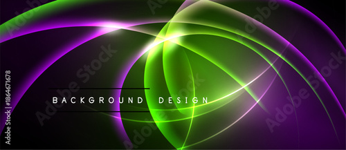 Abstract neon curves, vibrant green, purple hues. Dynamic light effects create modern background design. Smooth gradients, elegant composition.