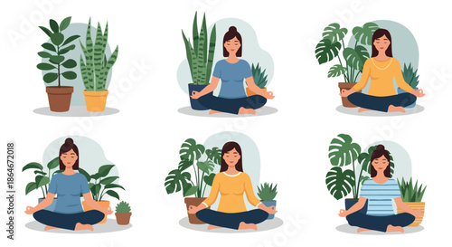 Woman meditating with plants, peaceful wellness scene
