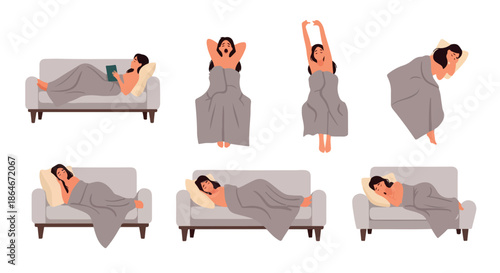 Woman relaxing on sofa reading and stretching