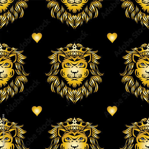 Seamless pattern with lion heads and hearts. Golden color. Vector illustration.