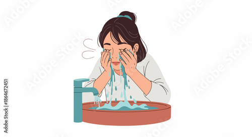 Woman washing face with water in sink