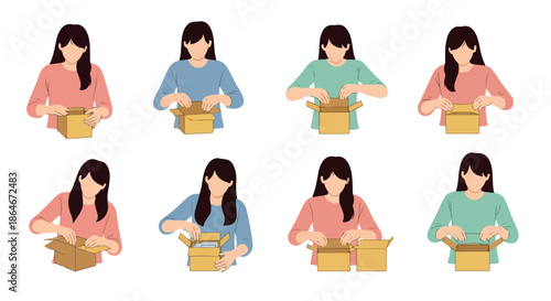 Woman unpacking boxes in different colors