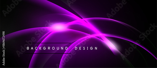Abstract purple lines create dynamic energy. Bright central glow emphasizes flowing curves against dark backdrop. Modern design element.