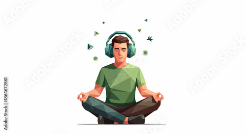 Man meditating with headphones with transparent background