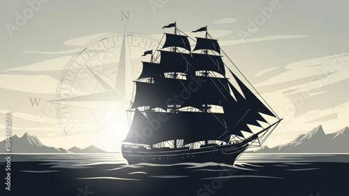Sailing Ship Silhouette on Ocean at Sunset with Mountains in Background