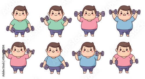 Chubby man lifting weights in various poses