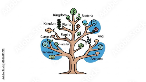 Tree of Life Infographic Illustrating Biological Classification System with Various Organisms