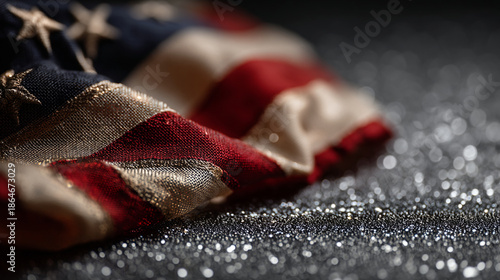 A close-up view of a crumpled American flag on a glittery surface